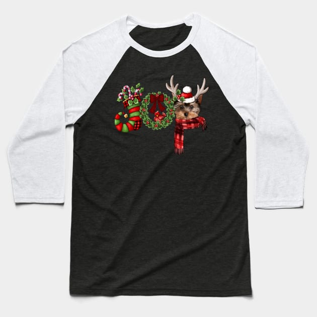 Christmas Joy Dwarf Stocking Reindeer YorkShire Terrier Baseball T-Shirt by Marcelo Nimtz